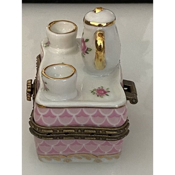 Vintage China Tea Time Trinket or Pill Box Pink Roses Teapot Teacups Not Hinged - Picture 16 of 16